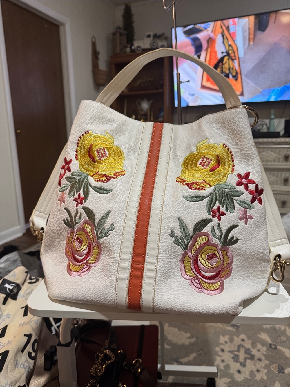 White Floral Embroidered Shoulder Bag with Tan Accent